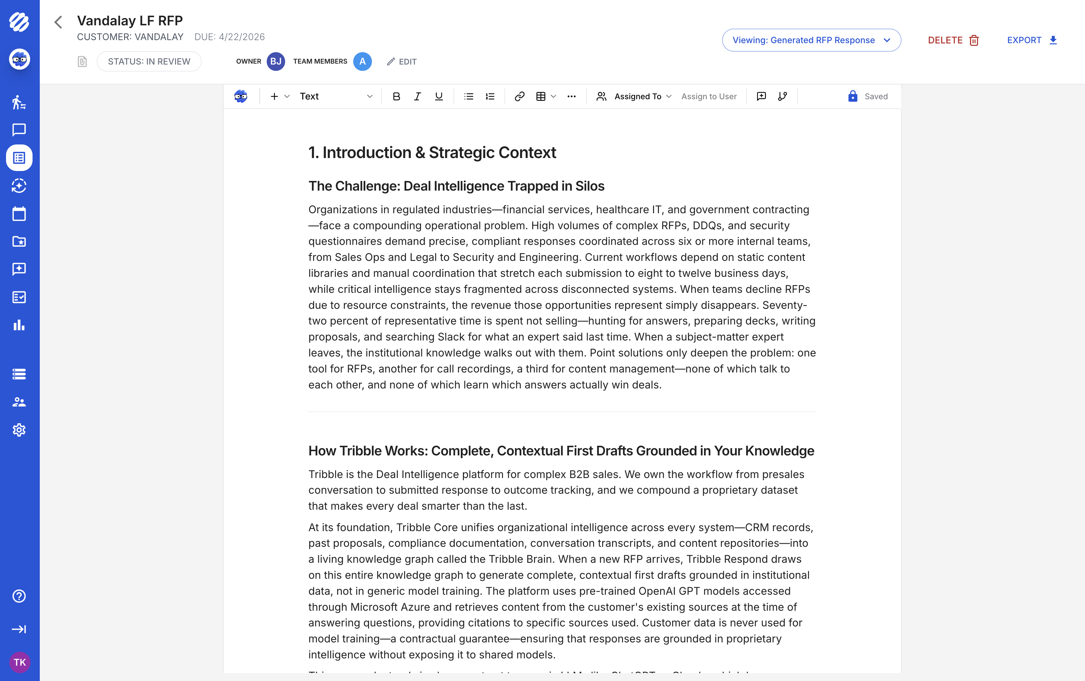 Tribble generated response editor drafting answers from approved knowledge